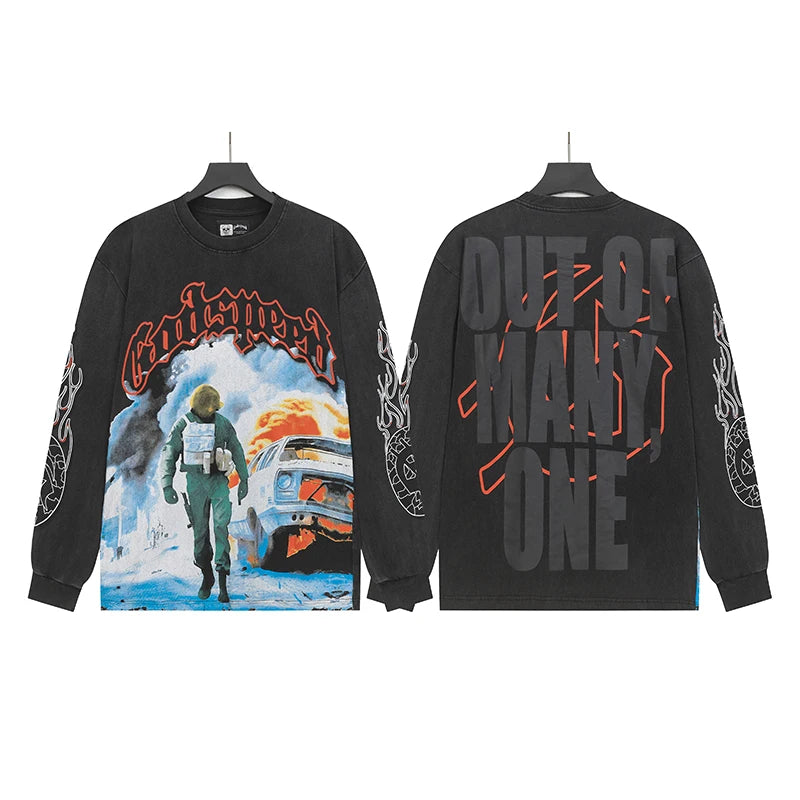 American Streetwear Godspeed Long Sleeve Skeleton Racer Print Washed Do Old Loose Casual Long-sleeved Men Women T-Shirt