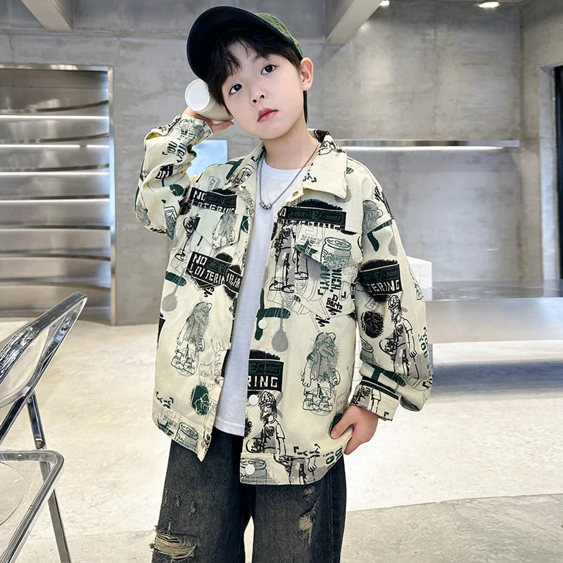 Child Stylish Spring Autumn Beige Denim Jacket Drawings for Teens Boy High Fashion Streetwear Outfit Kids Design Denim Coat 5-14