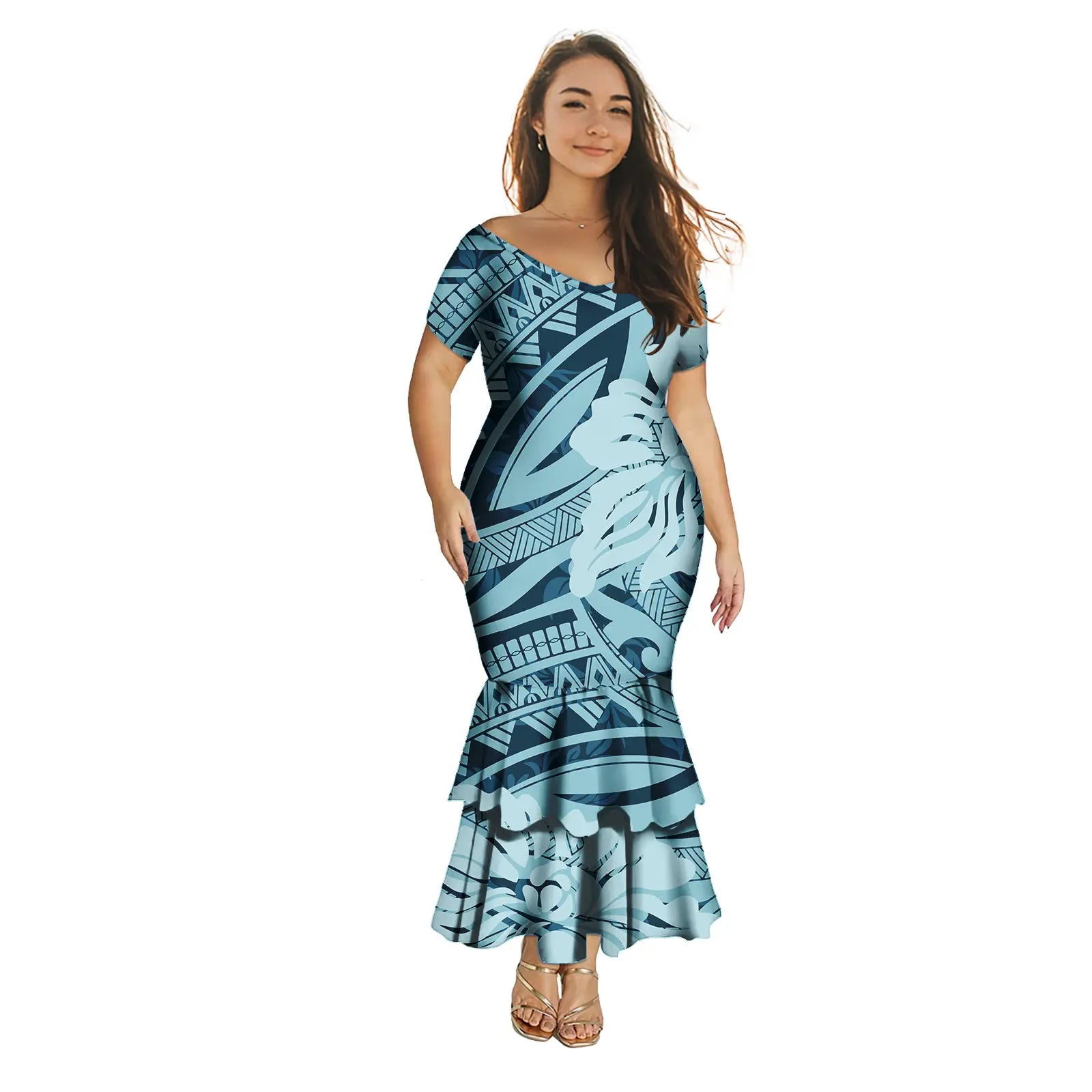 Fashion Puletasi Polynesian Dress for Women Luxury Print Maxi Mermaid Evening Dress Sexy Off Shoulder Dresses