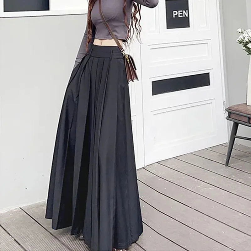 Black Pleated Skirts Women Elegant Elasticated Waist Floor Length Dress Fashion Casual Streetwear Peppy Style Bottoms