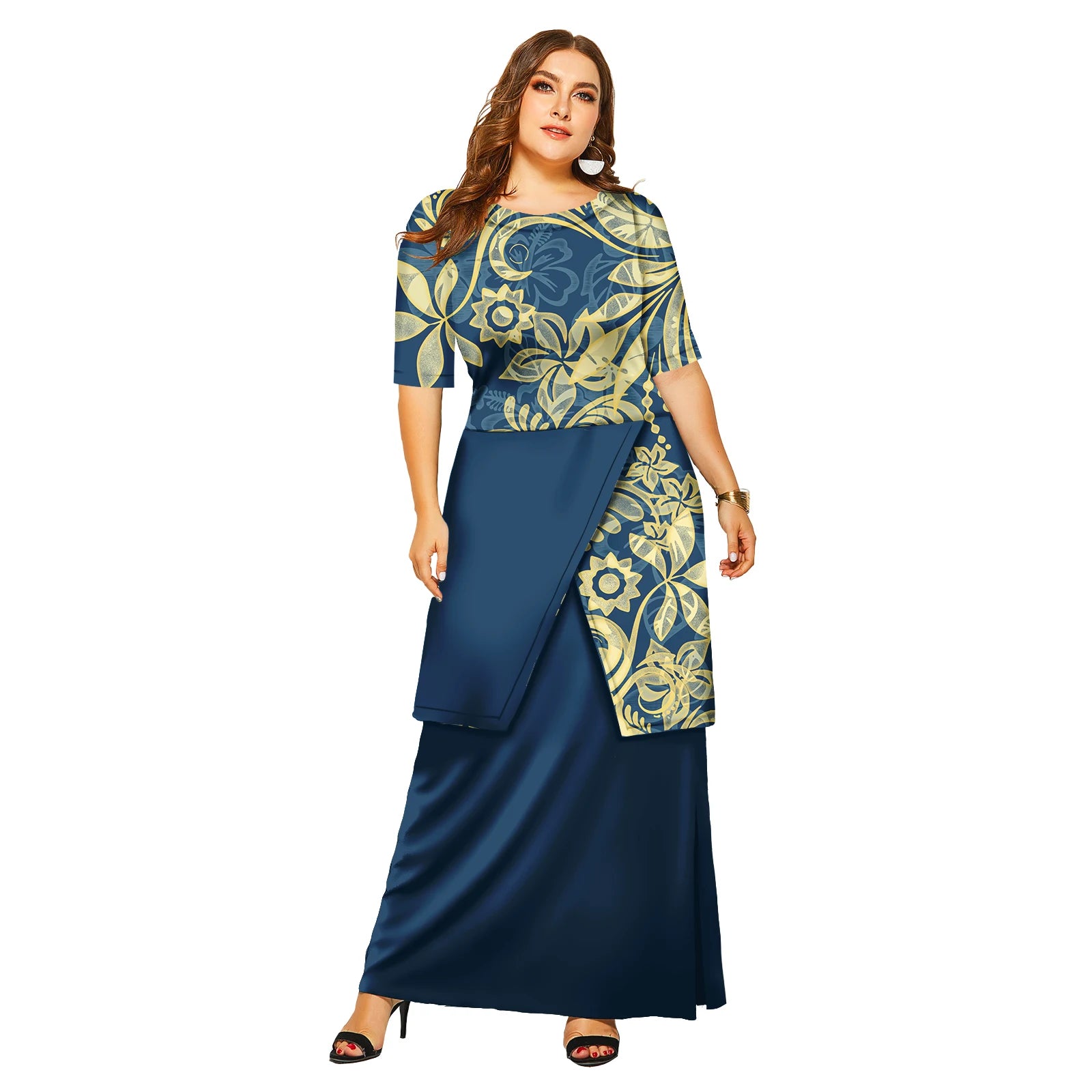 New Fashion Floral Sleeve Elegant Women Long Dress Pacific Island Hawaiian Beach Wear Puletasi Dresses