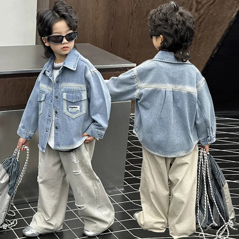 Spring Autumn Fashion Baby Boy Denim Jacket with Front Pocket Infant Child Casual Jeans Coat Outfit Kids Cool Streetwear Clothes