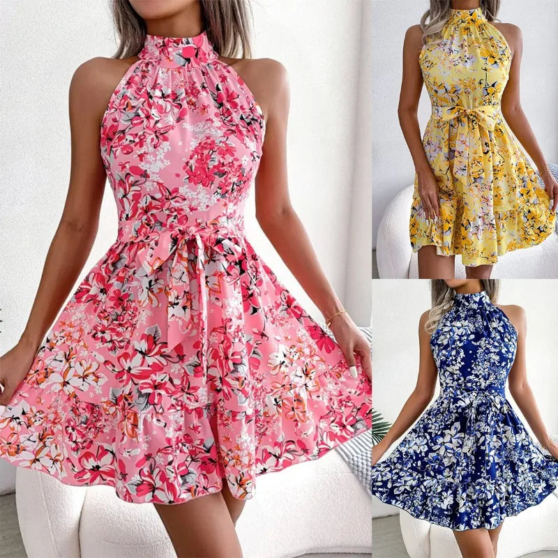 Summer Women Floral Printed Halter Sexy Short Dress Woman Clothing Dress Women Women's Casual Beach Dresses Sexy Costume Women