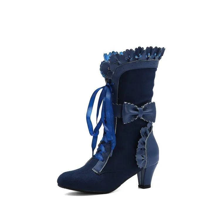Bow High-heeled Boots Noble Women Shoes Retro Knight Boots Medieval PU Leather Ankle Boot Fashion Lady Cosplay High Heel Boots