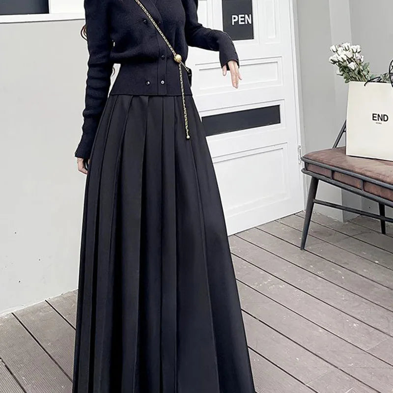 Black Pleated Skirts Women Elegant Elasticated Waist Floor Length Dress Fashion Casual Streetwear Peppy Style Bottoms
