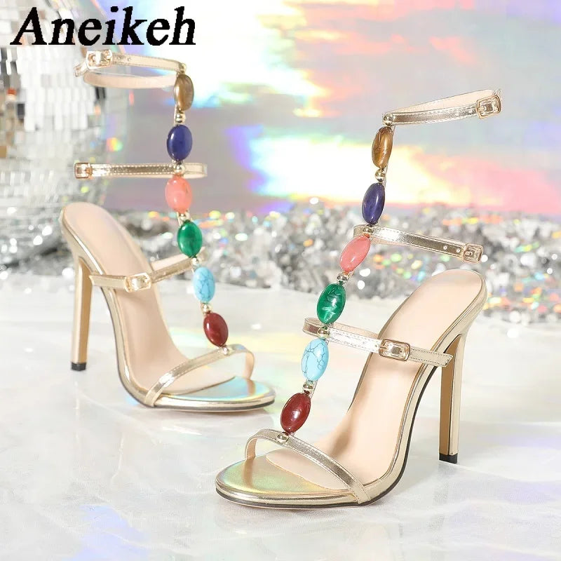 Aneikeh Bohemian Style Fashion Colour Gem Strap Designer High Heels Gladiator Sandals Women Summer Open Toe Wedding Banquet Shoe