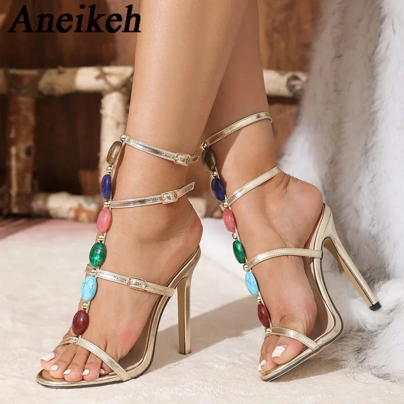 Aneikeh Bohemian Style Fashion Colour Gem Strap Designer High Heels Gladiator Sandals Women Summer Open Toe Wedding Banquet Shoe