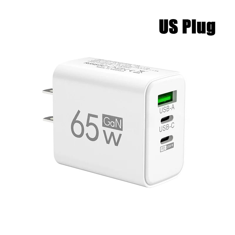 65W 3 Ports GaN USB PD Charger Fast Charging Type C Mobile Phone Adapter Quick Charger 3.0 For iPhone 15 Samsung Xiaomi Huawei