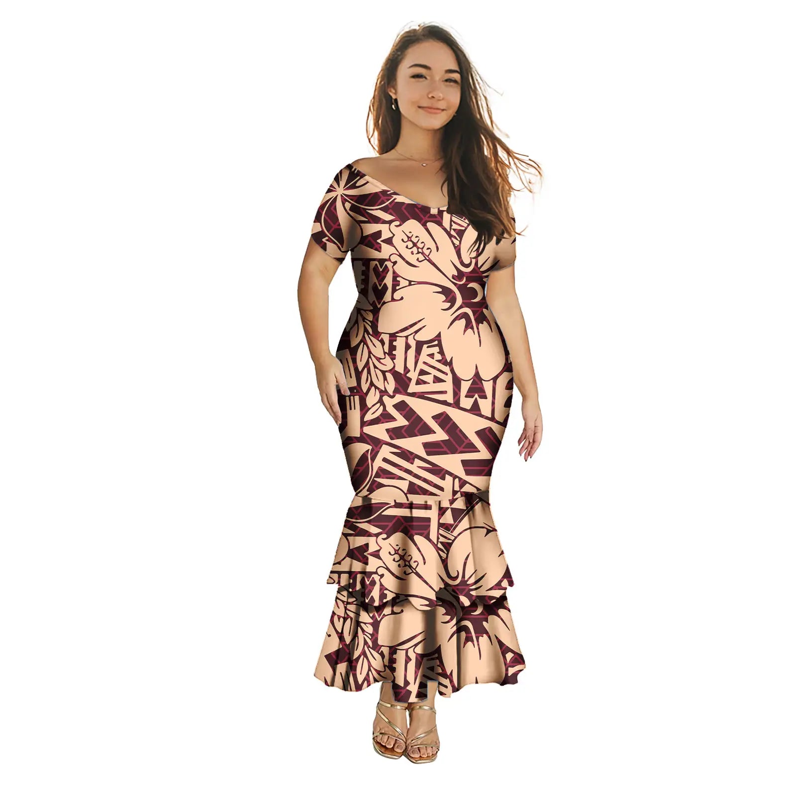Fashion Puletasi Polynesian Dress for Women Luxury Print Maxi Mermaid Evening Dress Sexy Off Shoulder Dresses