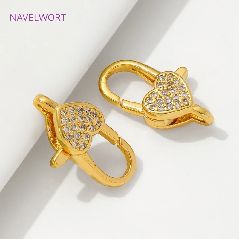 18K Gold Plated Inlaid Zircon Heart Lobster Clasps,Connectors For Jewelry,Clasp For Bracelet,DIY Jewelry Making Accessories