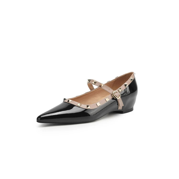 Patent Leather Mary Jane Shoes Soft Sole Skinny Pointed Toe Single Shoes One Word Rivet Women's Shoes Wine Red
