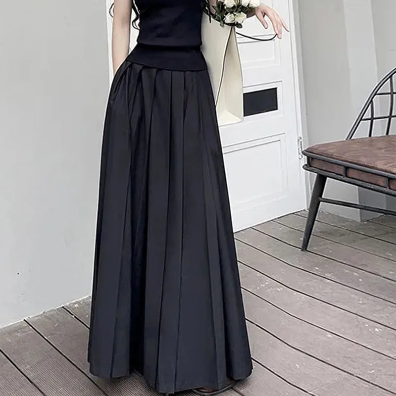 Black Pleated Skirts Women Elegant Elasticated Waist Floor Length Dress Fashion Casual Streetwear Peppy Style Bottoms