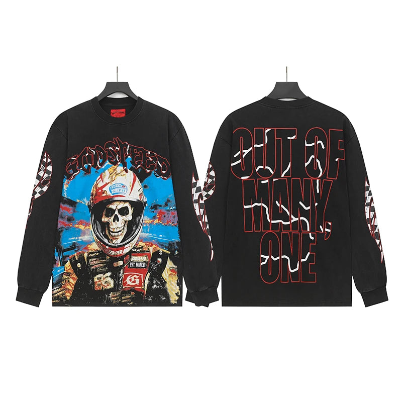 American Streetwear Godspeed Long Sleeve Skeleton Racer Print Washed Do Old Loose Casual Long-sleeved Men Women T-Shirt