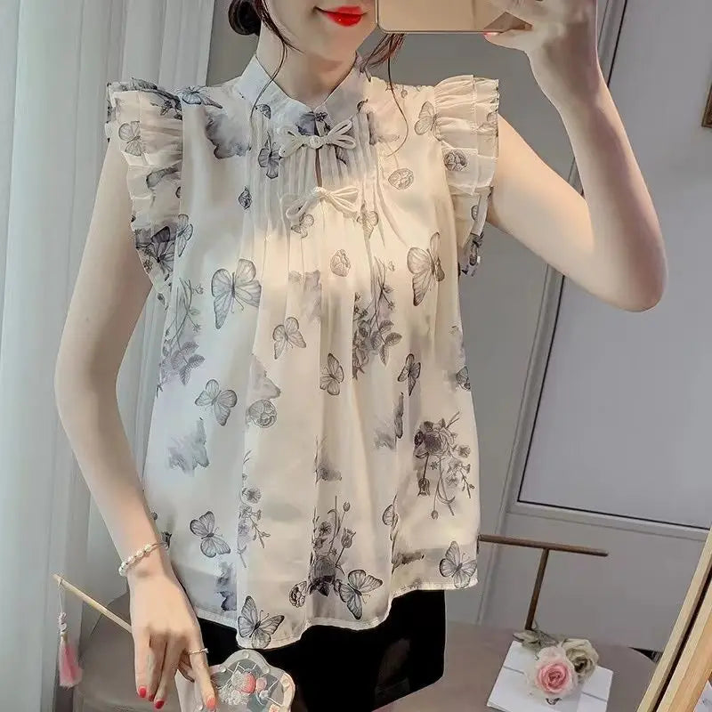 Chinese Style Top for Women Retro Style Small Flying Sleeve Chiffon Floral Shirt Summer Top