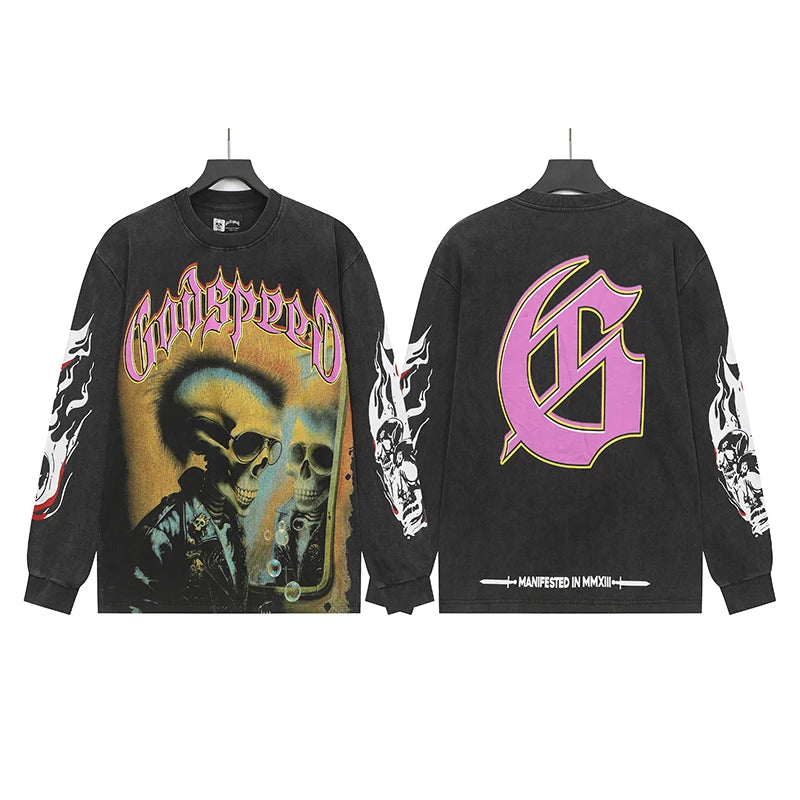 American Streetwear Godspeed Long Sleeve Skeleton Racer Print Washed Do Old Loose Casual Long-sleeved Men Women T-Shirt