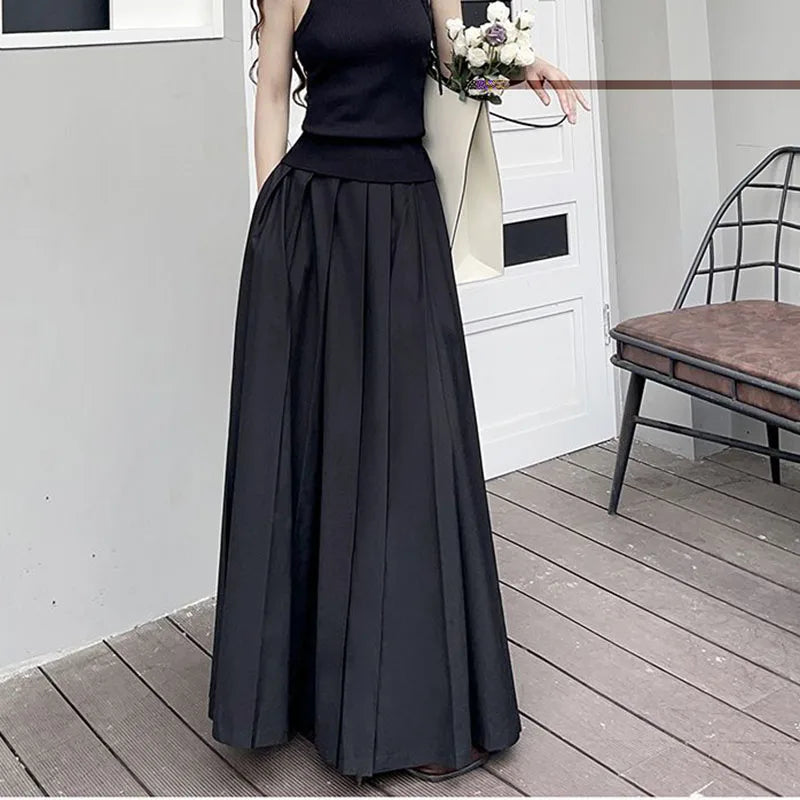 Black Pleated Skirts Women Elegant Elasticated Waist Floor Length Dress Fashion Casual Streetwear Peppy Style Bottoms