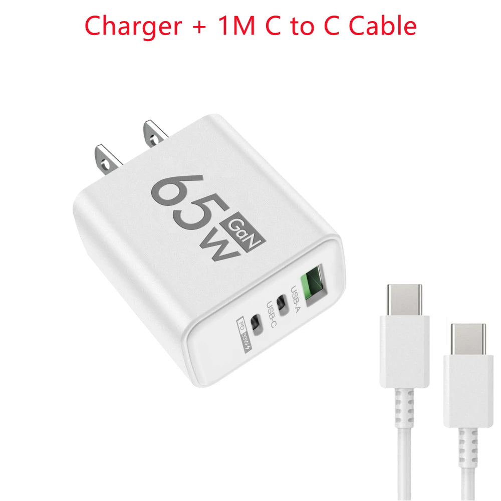 65W 3 Ports GaN USB PD Charger Fast Charging Type C Mobile Phone Adapter Quick Charger 3.0 For iPhone 15 Samsung Xiaomi Huawei