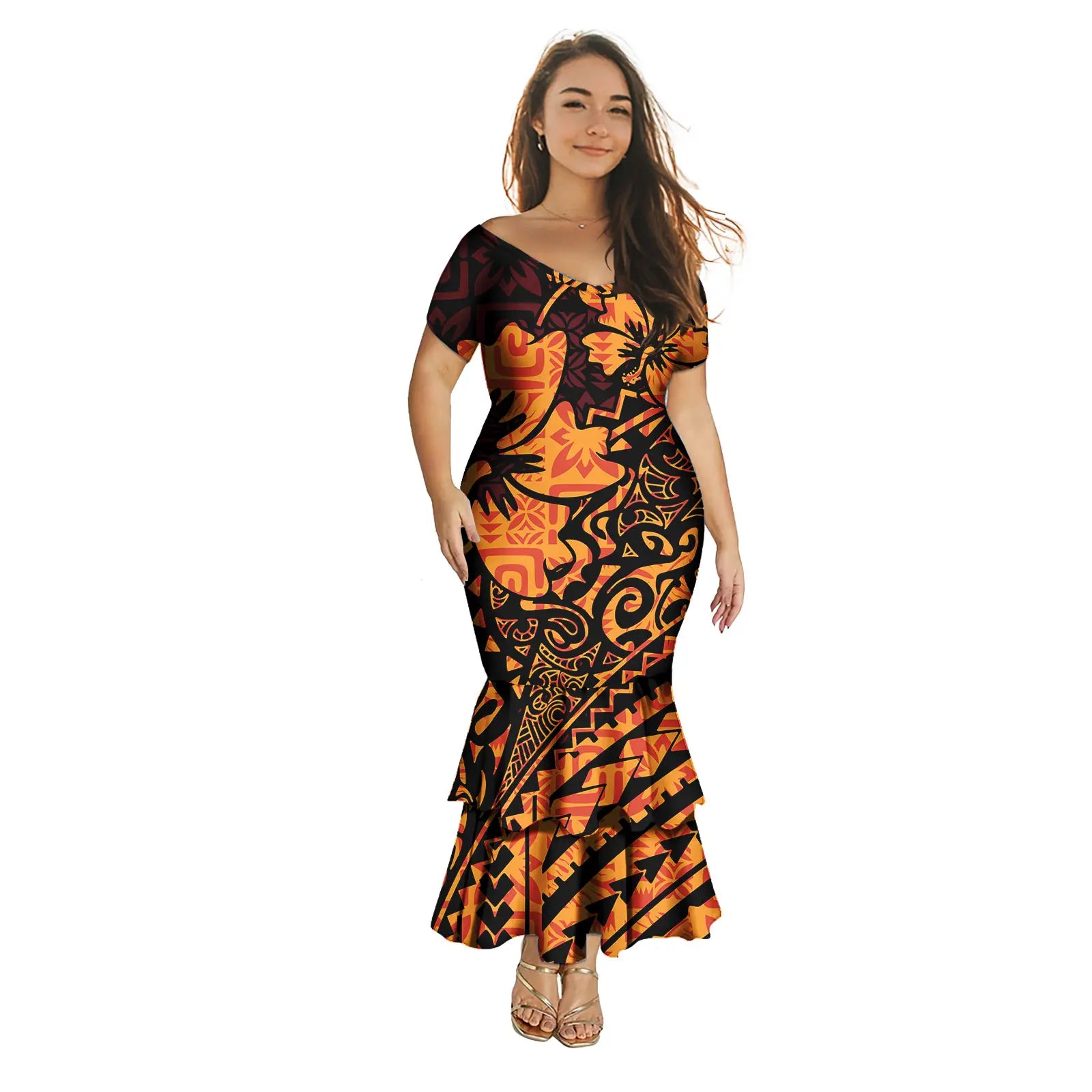 Fashion Puletasi Polynesian Dress for Women Luxury Print Maxi Mermaid Evening Dress Sexy Off Shoulder Dresses