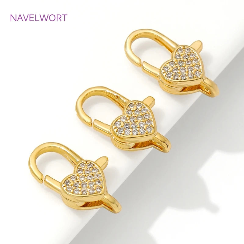 18K Gold Plated Inlaid Zircon Heart Lobster Clasps,Connectors For Jewelry,Clasp For Bracelet,DIY Jewelry Making Accessories