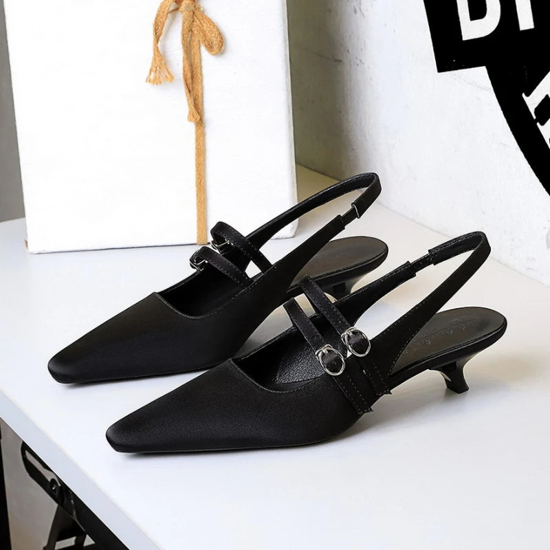Korean Style Pointed One-Length Strap Back Empty Shoes Comfortable Low Heel Single Shoes Shallow Mouth Wine Glass Heel Silk