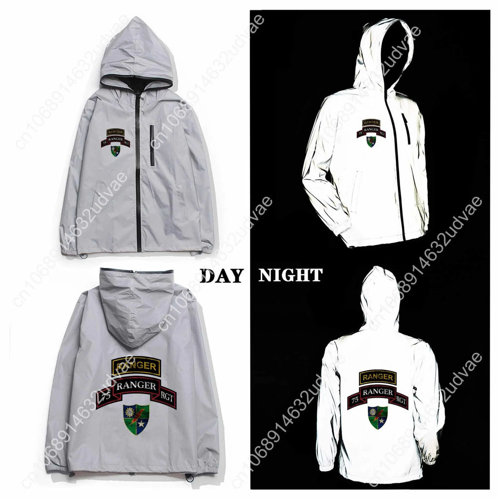 Army 75th Ranger Veteran Reflective Jacket Mens Womens Coat Hooded Windbreaker Runing Pocket Jackets Zipper Customized Hoodie