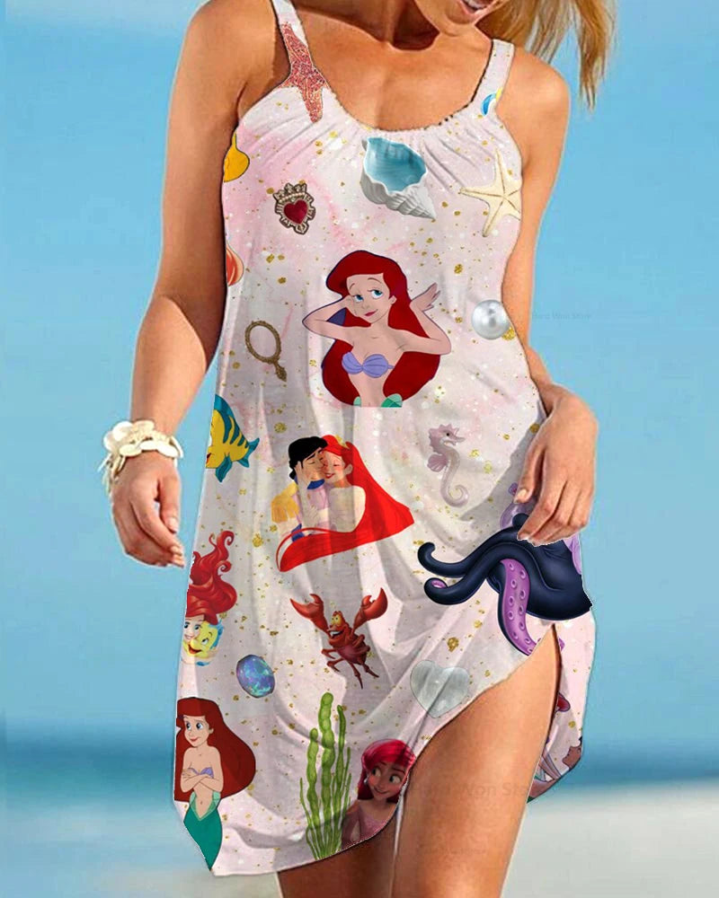 2025 Summer New Disney Mermaid Princess Series Women's Dress Printed Sleeveless Suspender Seaside Holiday Style Casual Dress