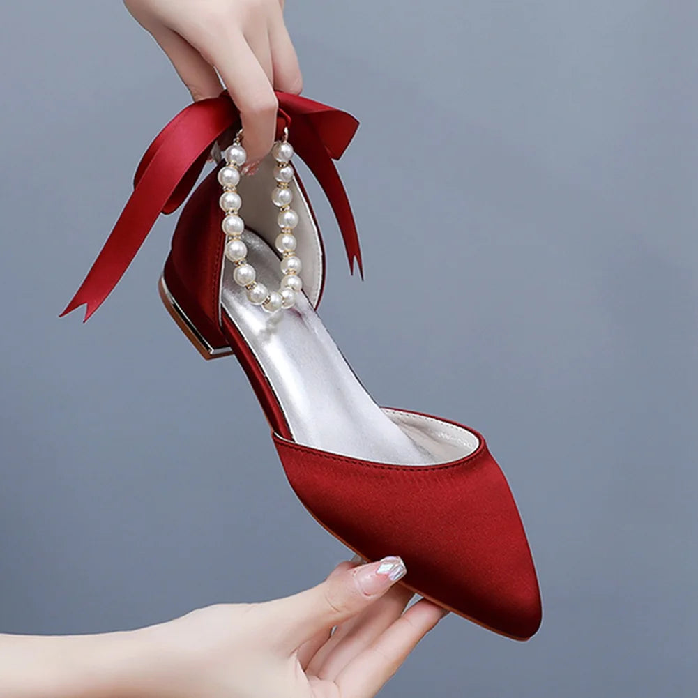 Wedding Shoes Bride Flat Heel Pointed Hollow Sandals Women White Satin Beaded Bride's Wedding Dress Shoes Sandalias