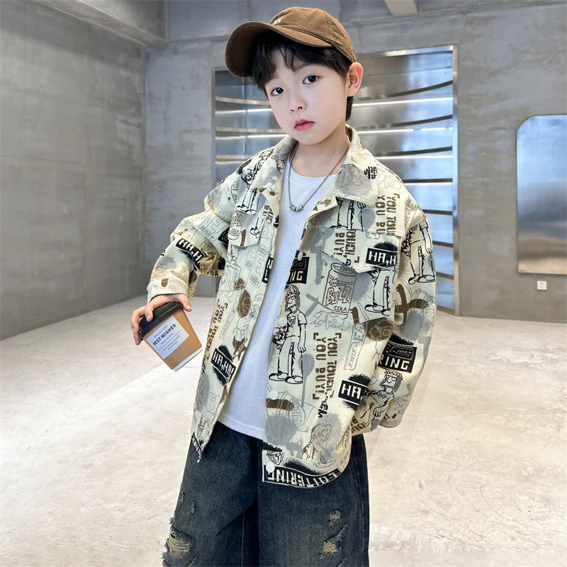 Child Stylish Spring Autumn Beige Denim Jacket Drawings for Teens Boy High Fashion Streetwear Outfit Kids Design Denim Coat 5-14