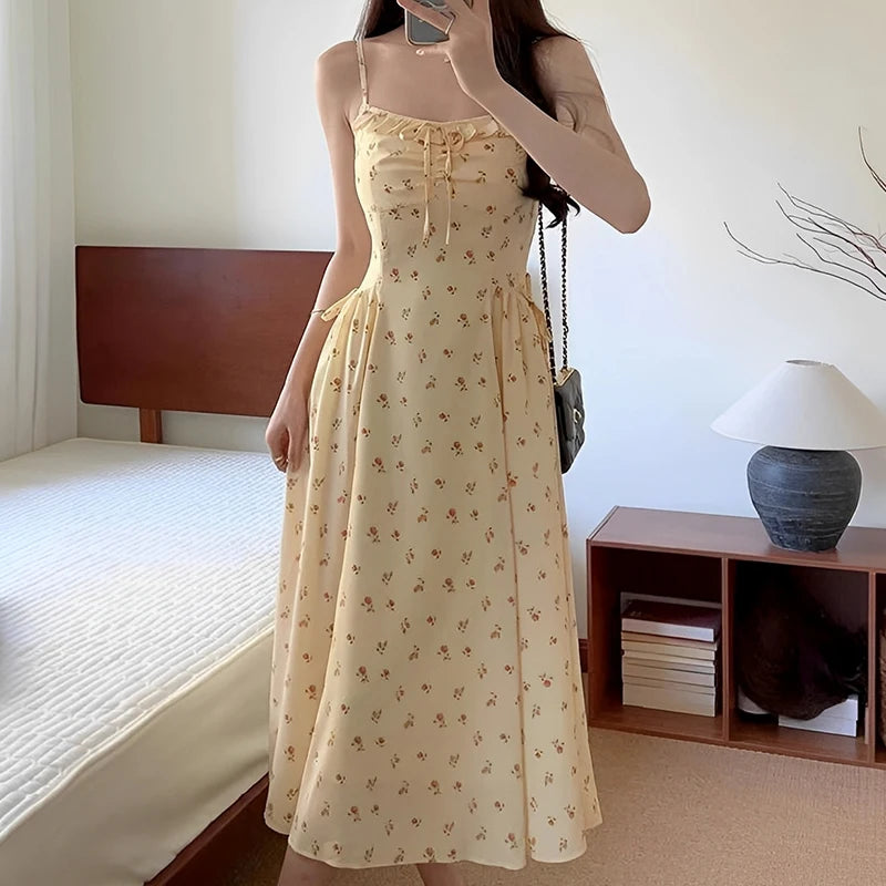 Holiday Floral Printed Spaghetti Strap Sleeveless Women Summer Beach Boho Dress