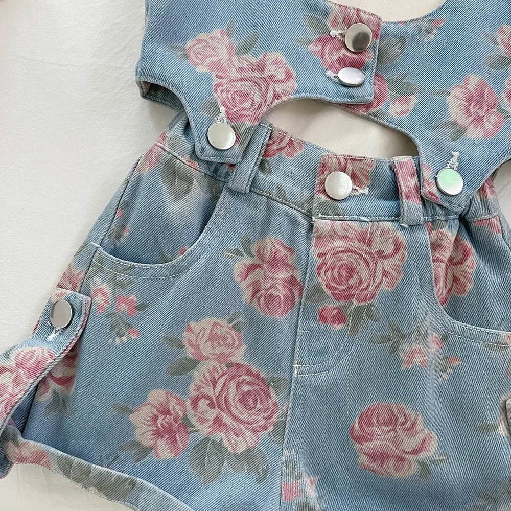 3PCS Summer Floral Girls Denim Tops Overalls Set with Thin Inner T-shirt Outfit for 2-10 Years Children Girls Cool Outfit
