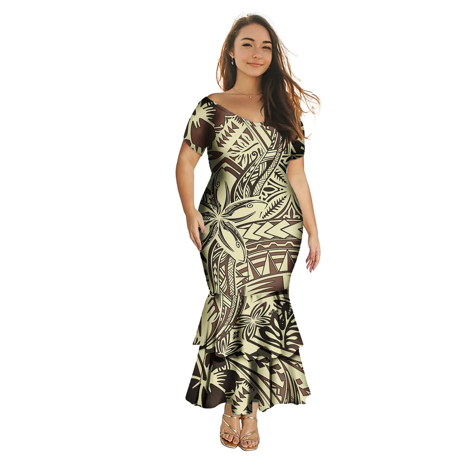 Fashion Puletasi Polynesian Dress for Women Luxury Print Maxi Mermaid Evening Dress Sexy Off Shoulder Dresses