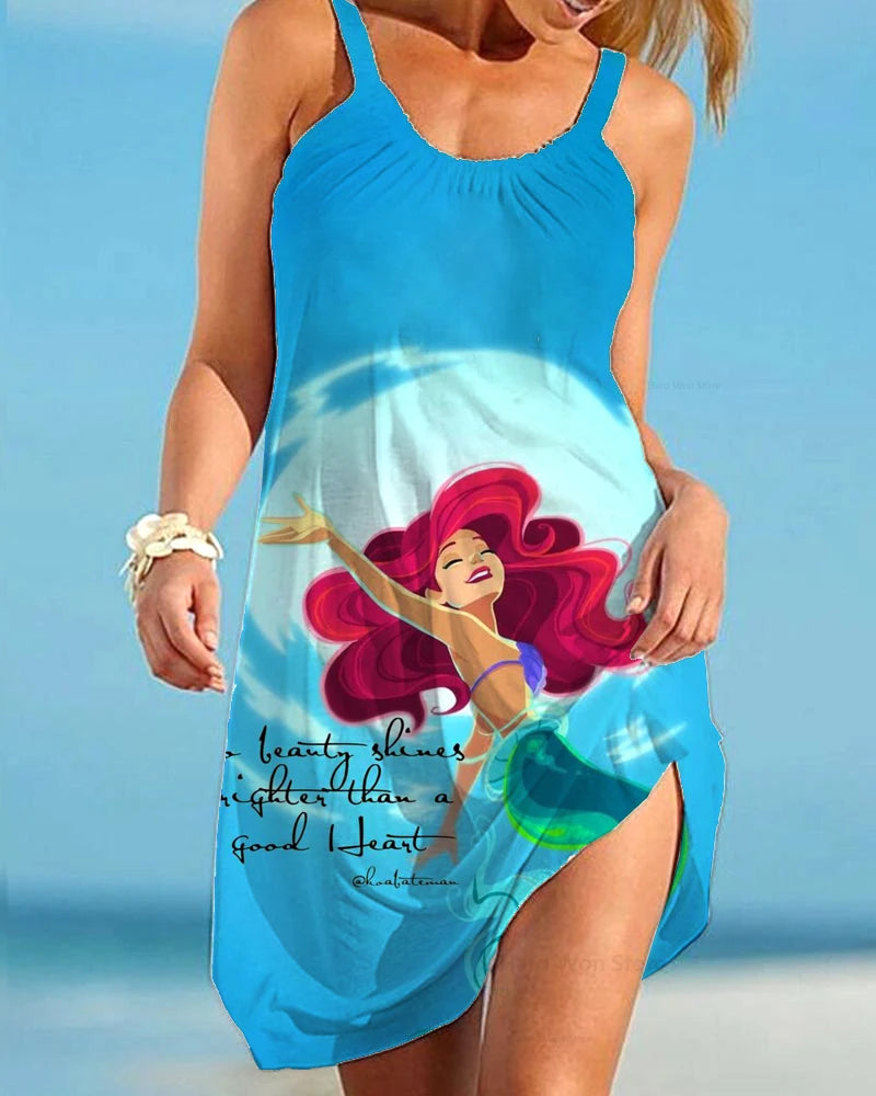 2025 Summer New Disney Mermaid Princess Series Women's Dress Printed Sleeveless Suspender Seaside Holiday Style Casual Dress