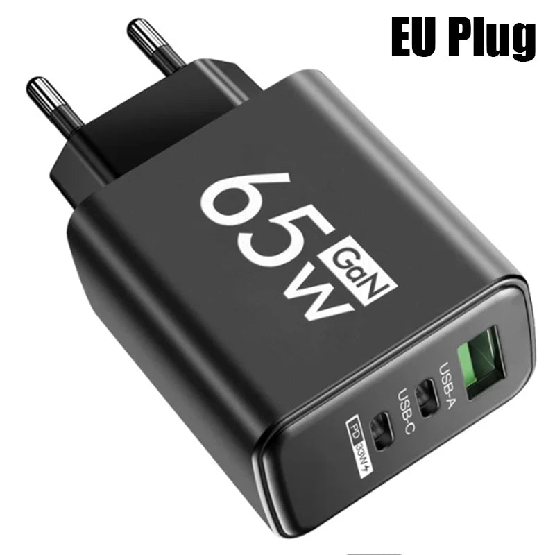65W 3 Ports GaN USB PD Charger Fast Charging Type C Mobile Phone Adapter Quick Charger 3.0 For iPhone 15 Samsung Xiaomi Huawei