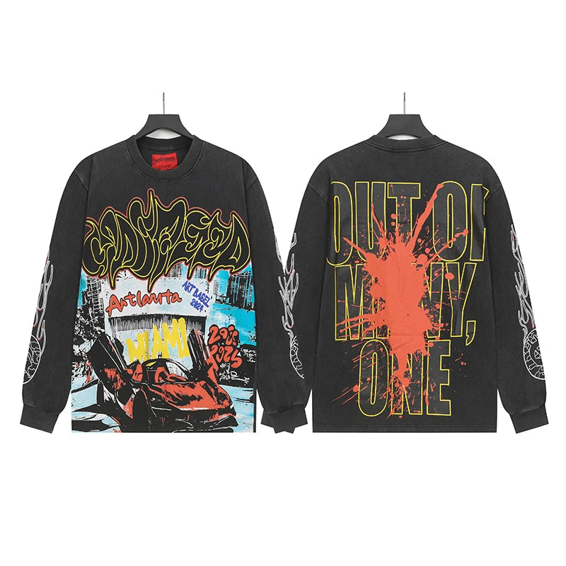 American Streetwear Godspeed Long Sleeve Skeleton Racer Print Washed Do Old Loose Casual Long-sleeved Men Women T-Shirt