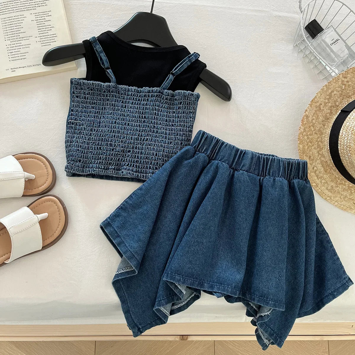 3PCS Summer Fashion Denim Style Toddler Girl Denim Set Embroidered Top & Skirt Cute Trendy Outfit 2-10 Years Old Girls Outfit