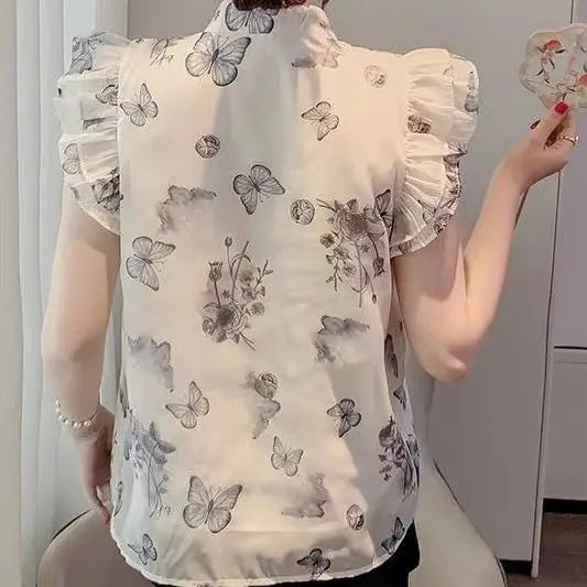 Chinese Style Top for Women Retro Style Small Flying Sleeve Chiffon Floral Shirt Summer Top