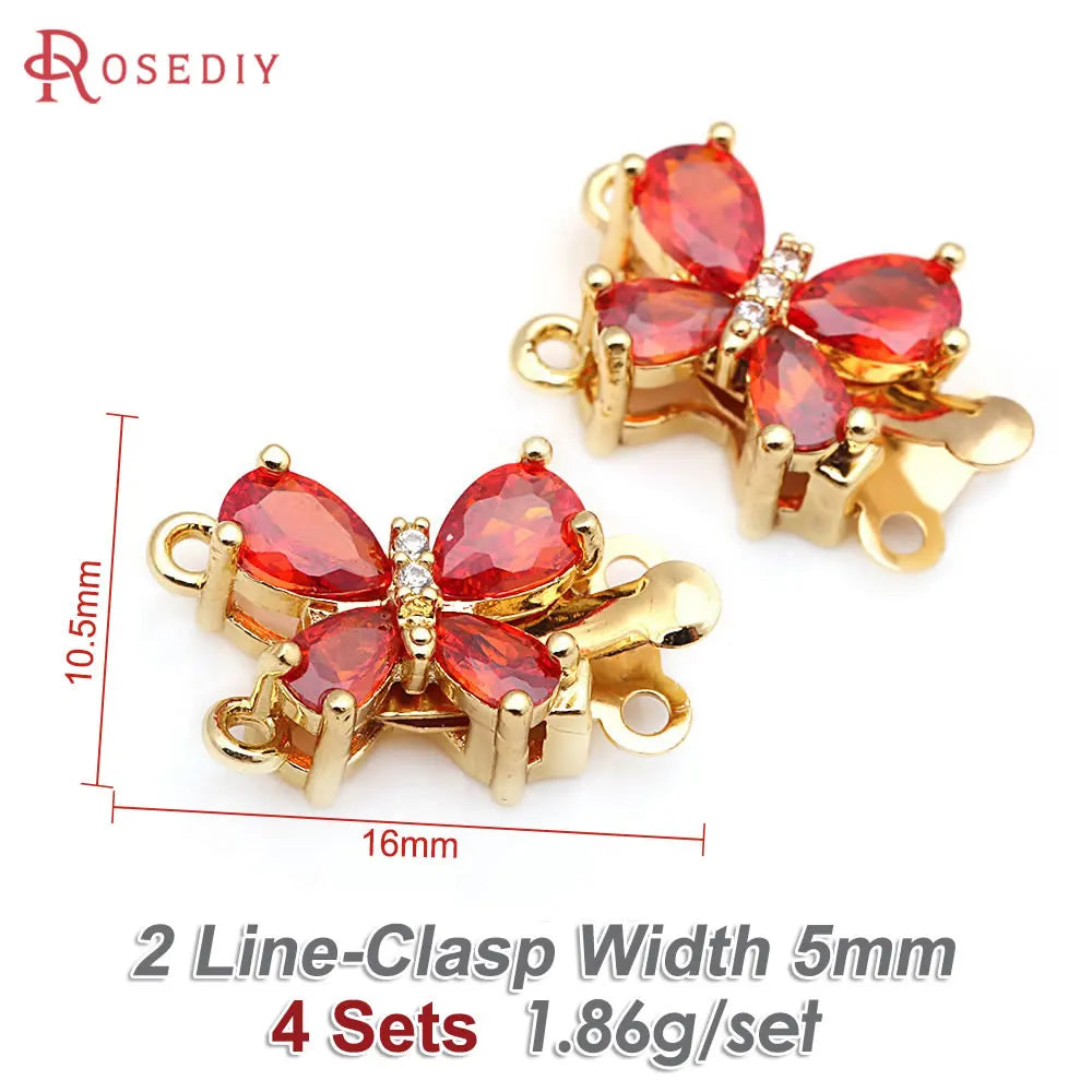 4 Sets 18K Gold Color Brass and Zircon Butterfly 1 Line and 2 Line Necklaces Connect Clasps Diy Jewelry Making Accessories