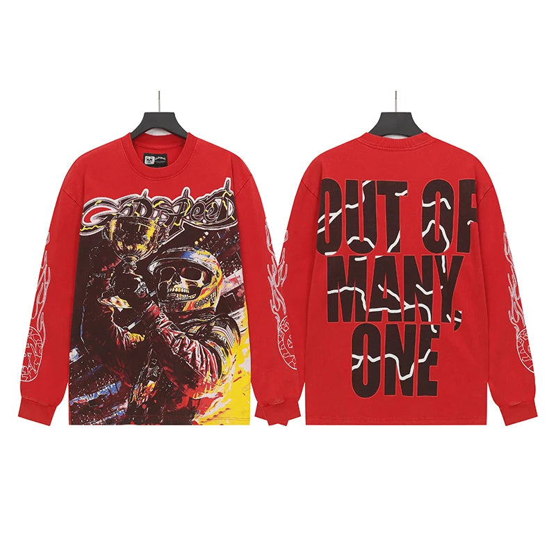 American Streetwear Godspeed Long Sleeve Skeleton Racer Print Washed Do Old Loose Casual Long-sleeved Men Women T-Shirt