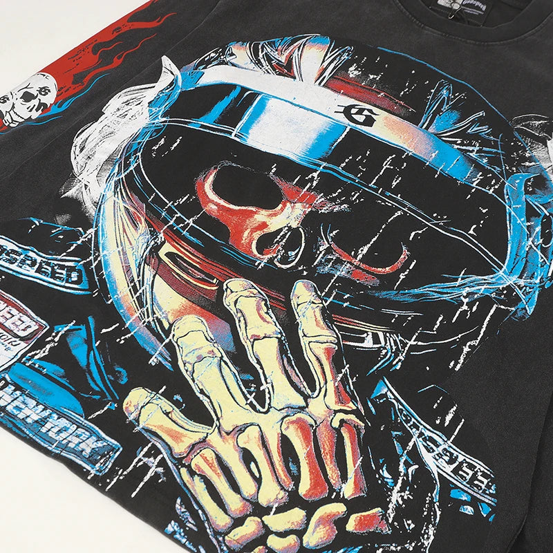 American Streetwear Godspeed Long Sleeve Skeleton Racer Print Washed Do Old Loose Casual Long-sleeved Men Women T-Shirt