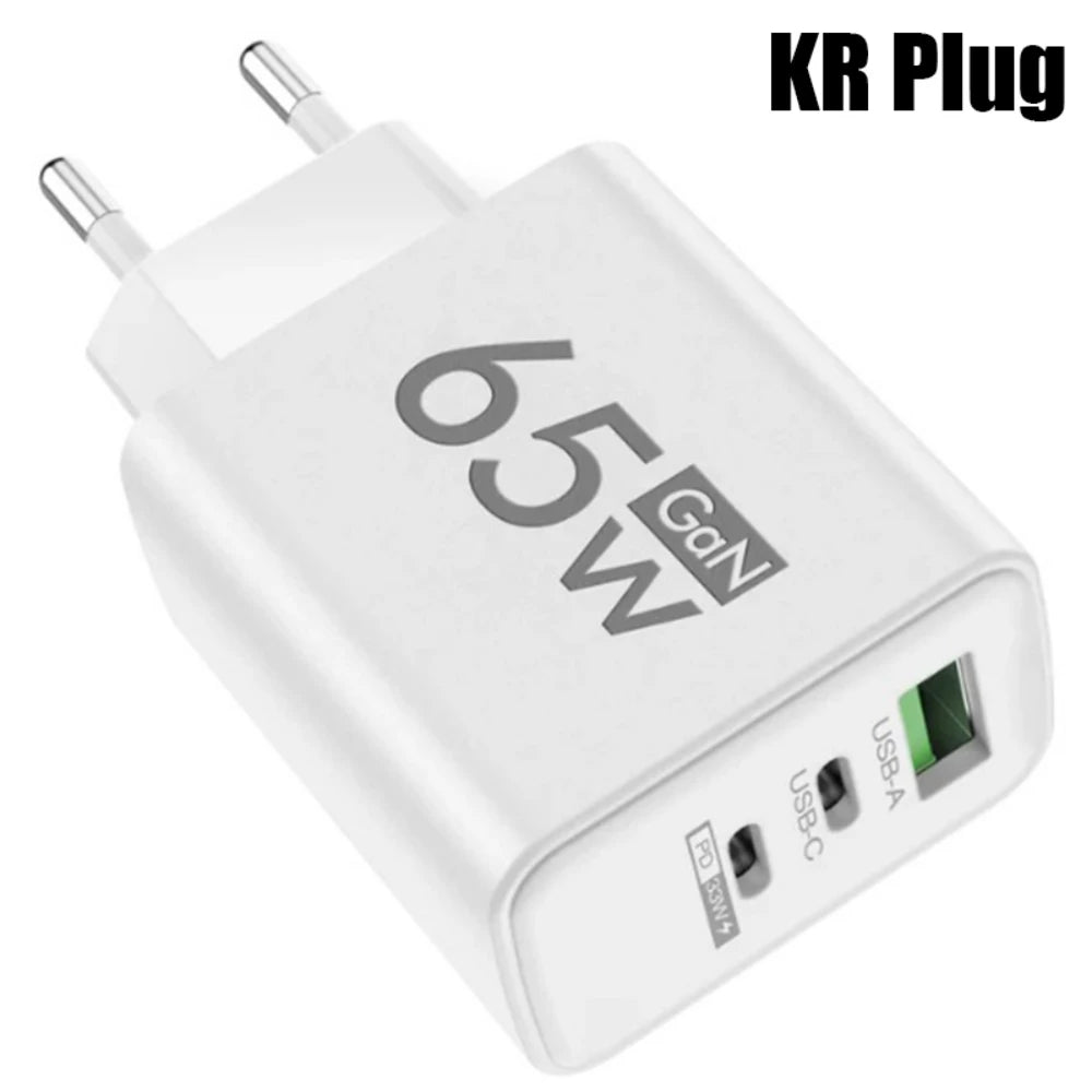 65W 3 Ports GaN USB PD Charger Fast Charging Type C Mobile Phone Adapter Quick Charger 3.0 For iPhone 15 Samsung Xiaomi Huawei