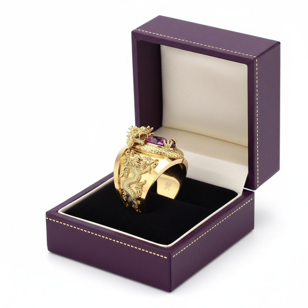 Huitan Luxury Gold Color Dragon Pattern Men Rings Inlaid Big Oval Red Stone Noble Wedding Party Finger Rings Male Trendy Jewelry