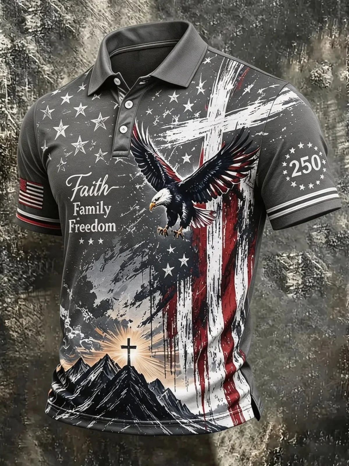 Men's Christian Patriotic Shirt, Fully Printed with an of an and a Mountain at Sunrise, Featuring Words Faith, Family, Freedom