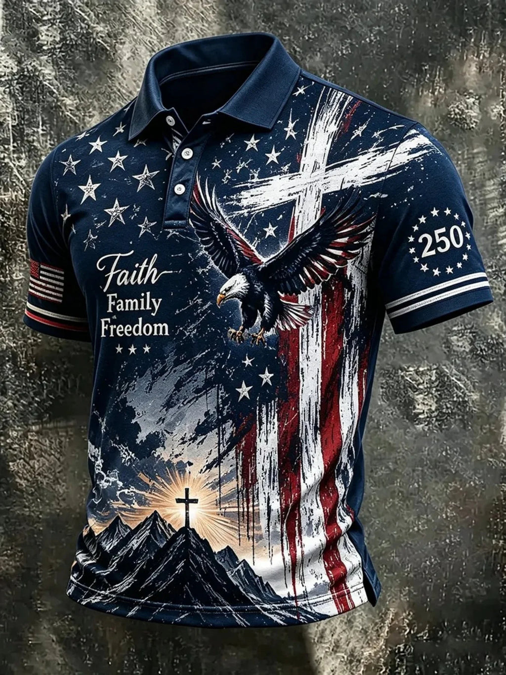 Men's Christian Patriotic Shirt, Fully Printed with an of an and a Mountain at Sunrise, Featuring Words Faith, Family, Freedom