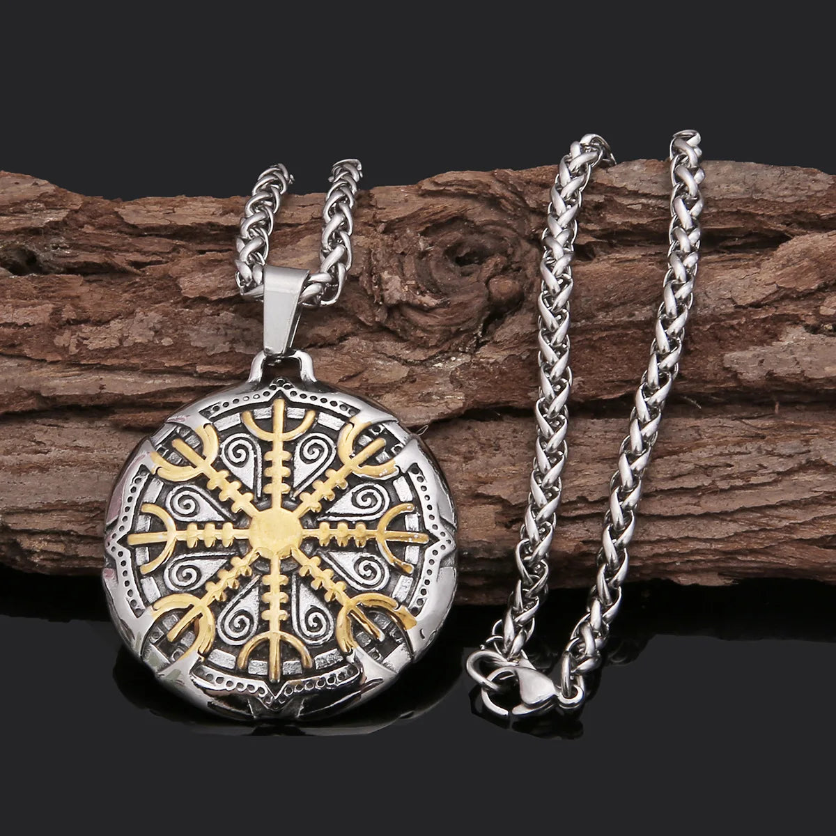 Viking Jewelry's Double-Sided Silver Plated Stainless Steel Pendant Trendy Vintage Butterfly Shape Compass Runes July Birthstone