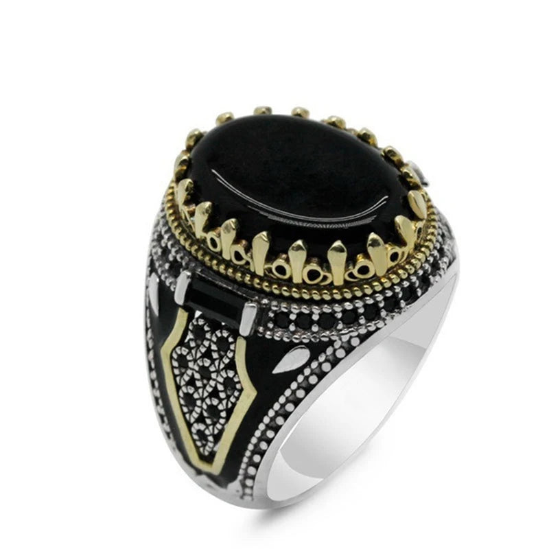Men's Ring Retro Style Alloy Material Antique Silver Color Pattern Mysterious Artificial Zircon Inlay Trendy Party Luxury