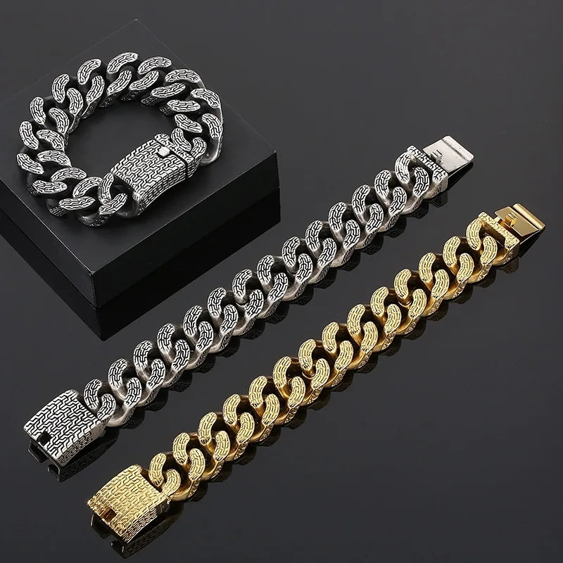 Men's Retro 220mm Stainless Steel Bracelet Cuban Links Gold Plated Trendy Religious Styles Fashion Chain Link Bracelets"
