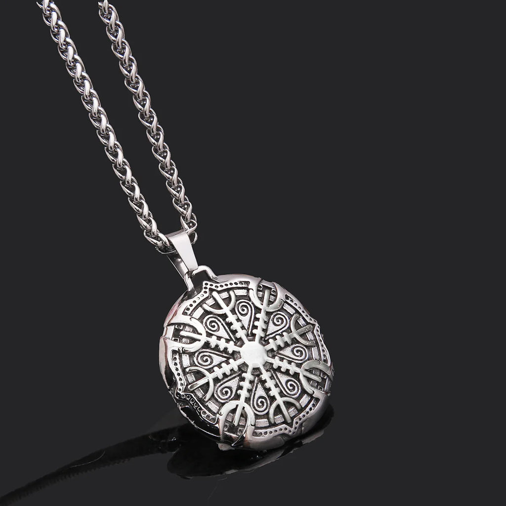 Viking Jewelry's Double-Sided Silver Plated Stainless Steel Pendant Trendy Vintage Butterfly Shape Compass Runes July Birthstone