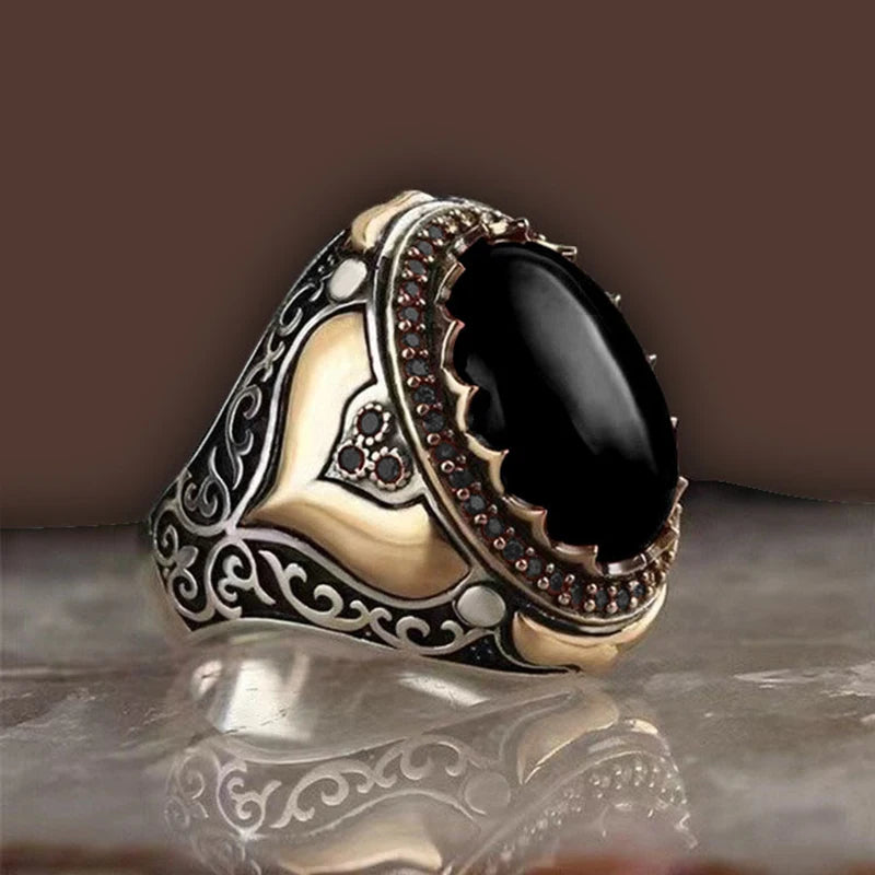 Men's Ring Retro Style Alloy Material Antique Silver Color Pattern Mysterious Artificial Zircon Inlay Trendy Party Luxury