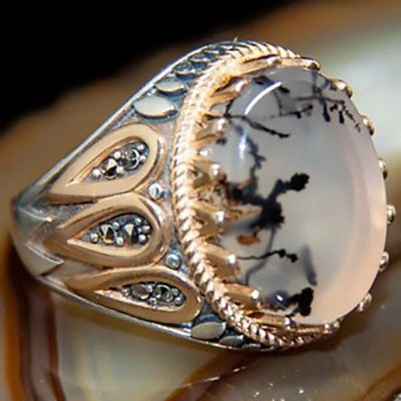 Men's Ring Retro Style Alloy Material Antique Silver Color Pattern Mysterious Artificial Zircon Inlay Trendy Party Luxury