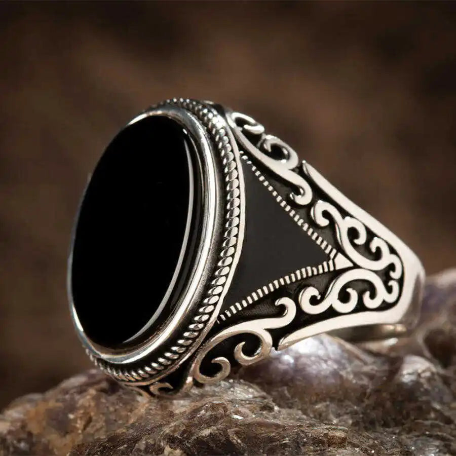 Men's Ring Retro Style Alloy Material Antique Silver Color Pattern Mysterious Artificial Zircon Inlay Trendy Party Luxury